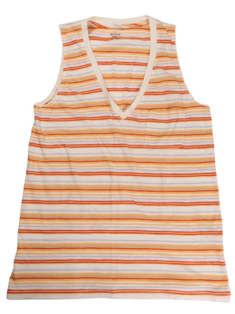 Madewell Striped Tank Top Women's XS Cream Orange Cotton V-Neck Pocket